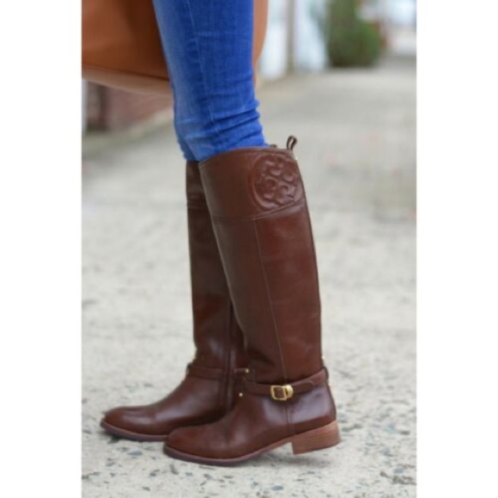 Tory Burch Marlene Leather Riding Boot Quilted Logo Zipper Access Size 8.5